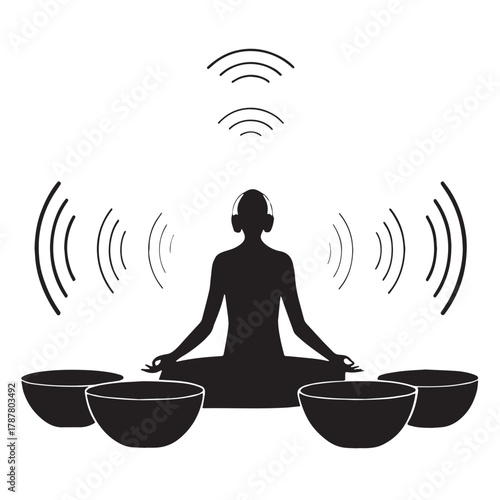Black Sound Bath Therapy Silhouette Vector, High Quality Illustration on White Background
