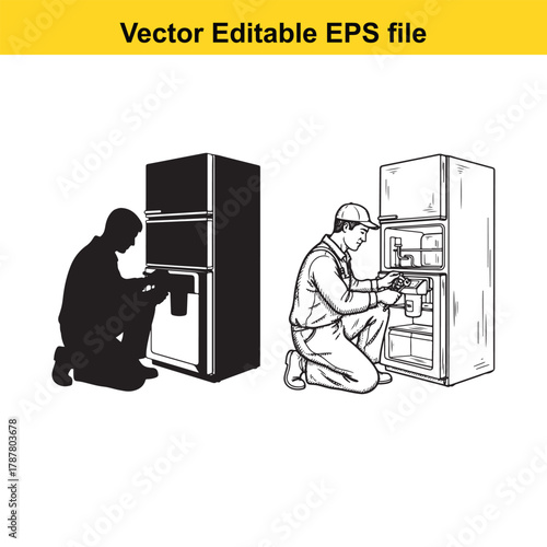 Repairman kneeling and fixing a refrigerator, shown as a black silhouette and a detailed line drawing on a