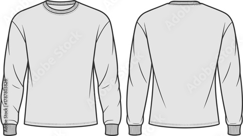 Front and back view crewneck sweatshirt technical flat sketch, unisex long sleeve pullover apparel design template, minimalist clothing outline, cad drawing vector illustration