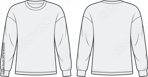 Front and back view crewneck sweatshirt technical flat sketch, unisex long sleeve pullover apparel template, minimalist clothing outline, cad drawing vector illustration