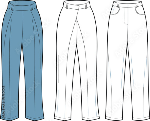 Women’s pants front and back sketch, fashion illustration, trouser template, garment design, apparel mockup, clothing vector, tailored fit, technical drawing