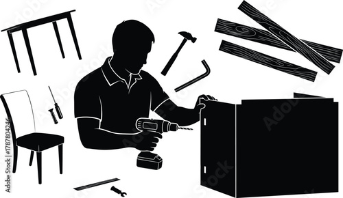 Man assembling wooden furniture using electric drill and tools, DIY carpentry vector illustration, home improvement and repair work concept, handyman construction scene