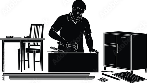 Man assembling wooden furniture with hammer and tools, home carpentry vector illustration, DIY project construction concept, handyman interior work scene