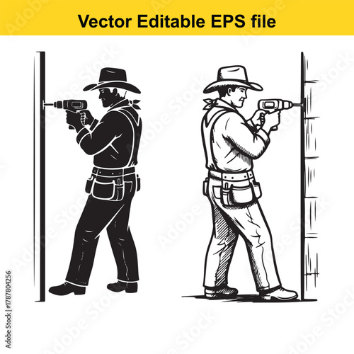 Cowboy drilling a hole in a wall, depicted as a black silhouette and a detailed line drawing on a