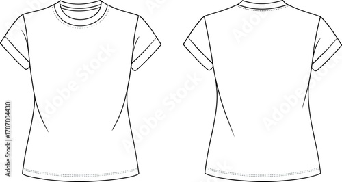 Women’s t-shirt front and back sketch, fashion illustration, apparel template, garment design, clothing mockup, casual wear, fitted silhouette, technical drawing