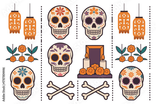 Día de Muertos festive objects coloring icons, flat vector set, sugar skulls marigolds candles papel picado, traditional mexican holiday symbols