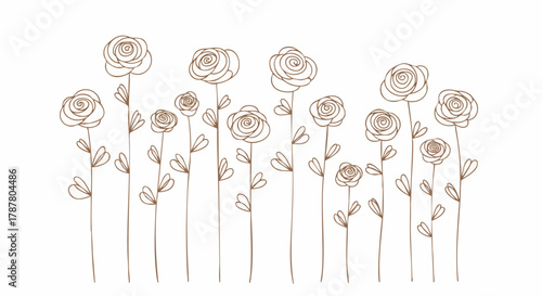 A minimalist brown line drawing of a garden filled with various sized roses against a clean white background