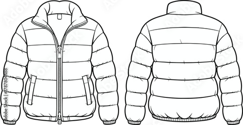 Puffer jacket flat sketch front and back view, winter coat fashion CAD drawing, technical vector template for clothing design illustration