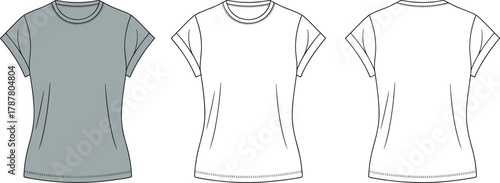 Women’s t-shirt front and back sketch, fashion illustration, apparel template, garment design, clothing mockup, casual wear, technical drawing, vector outline