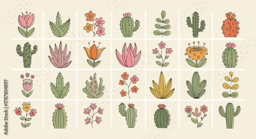 A vibrant collection of hand-drawn vector icons featuring various stylized desert plants, succulents, and colorful blooming cacti suitable for graphic design projects