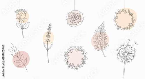 Botanical line art illustration on white background. This decorative drawing includes roses, lavender, fern, a branch, a wreath, and a dandelion