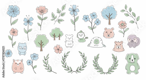 Charming hand-drawn collection of cute pastel-colored animals, delicate flowers, trees, and laurel wreaths, perfect for spring decor or children's design projects