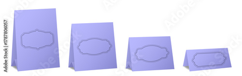 Set of table cards with vintage frames. Purple bent sheets of different sizes. Tent table card, nameplate