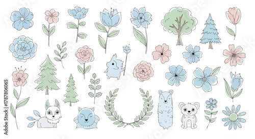 Charming hand-drawn spring and nature elements featuring cute cartoon forest animals, pastel flowers, trees, and leaves