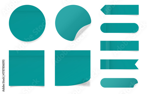 Set of square and round paper stickers. Teal green stick in notes. Post it notes. Sheets of paper. Tag, sticky note. Pointed bookmarks