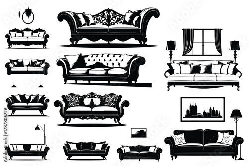 Collection of Black Silhouettes of Various Sofas and Lamps