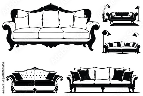 Black and white silhouette illustrations of various sofas