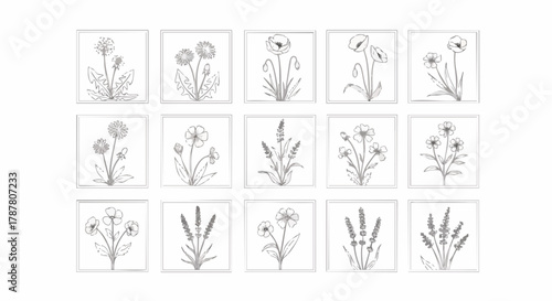 Collection of sketched wildflowers in square frames