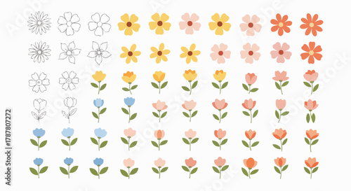 Collection of stylized flower icons in line art and various flat color illustrations for spring design projects