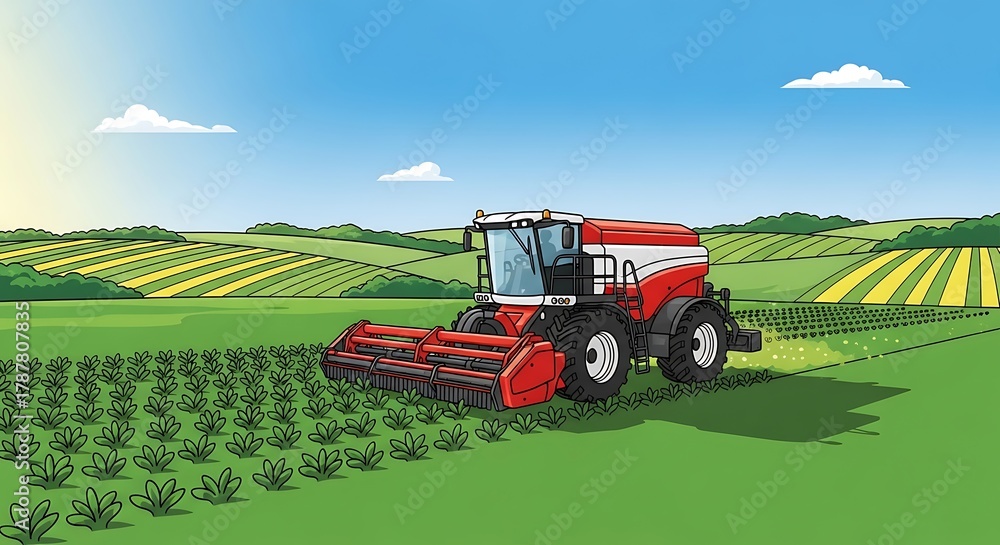 Obraz premium Agricultural Harvest - Combine Harvester at Work in a Green Field.