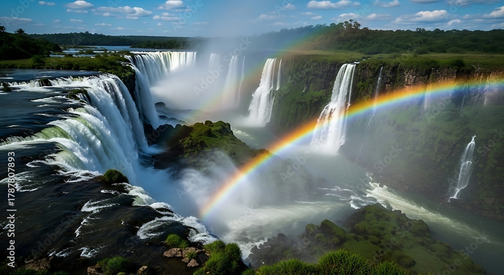 Fototapeta premium Majestic Iguazu Falls with Rainbow Displaying Natural Beauty and Power.