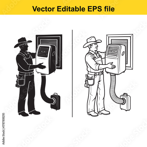 A cowboy worker installs a portable air conditioner in a window, shown in both silhouette and line art on a