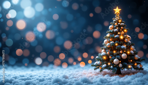 Decorated Christmas Tree with Lights and Ornaments in Snowy Night Scene