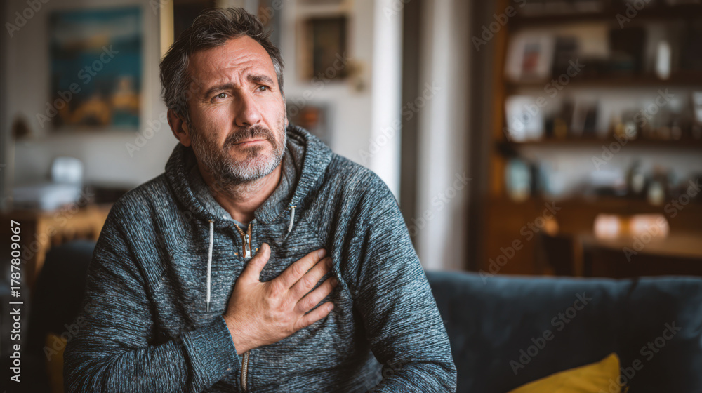 Fototapeta premium Concerned man clutching his chest, possibly experiencing chest pain or related health concerns.