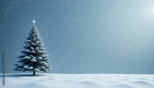 Snowy Christmas Tree in Winter Landscape with Falling Snow and Bright Sky