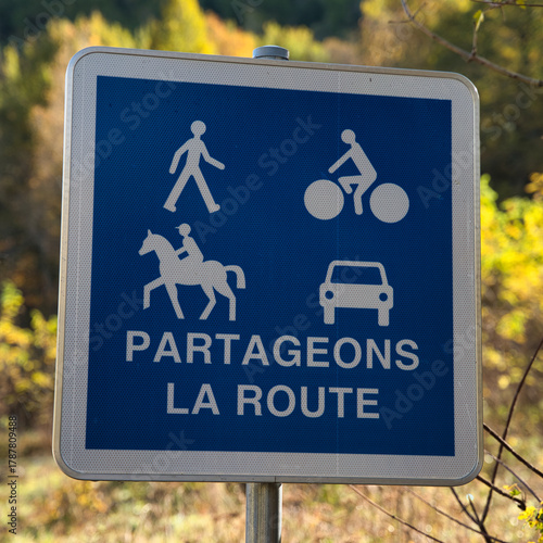 Wallpaper Mural This French traffic sign promotes safe coexistence between different road users. The main message is “Let's share the road” for pedestrians, cyclists, horse riders, and motorists. Torontodigital.ca