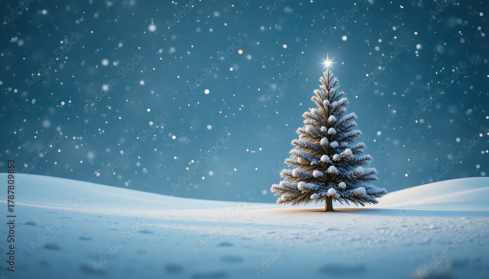 Obraz premium Snowy Christmas Tree Standing in Winter Landscape with Falling Snowflakes
