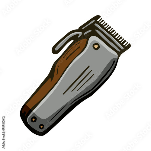 A cartoonish drawing of a hair clipper. The clipper is brown and silver. The handle is brown and the blade is silver