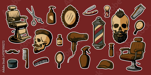 A stylized image of a barbershop with various items such as scissors, combs, and bottles