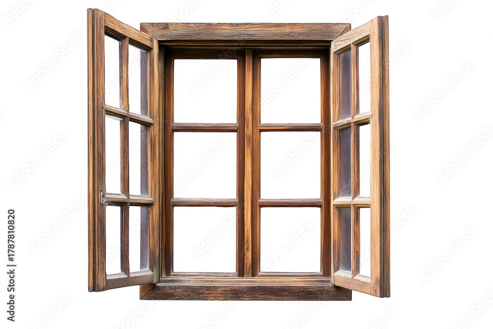 Obraz premium A rustic wooden window with open shutters. a charming view. inviting natural light into a cozy interior space. enhancing the warmth and ambiance of the room