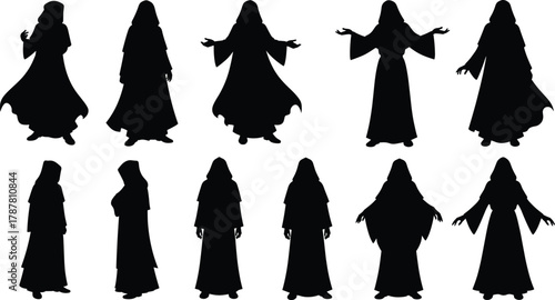 Mystical witchcraft symbols vector illustration with magic potion bottle, cauldron, candle, crystal ball, gemstones, hands, tea cup, and spiritual energy design