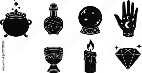 Mystical witchcraft symbols vector illustration with magic potion bottle, cauldron, crystal ball, candle, chalice, gemstone, and palmistry hand design
