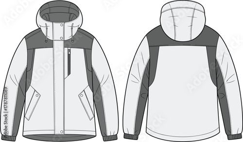 Outdoor winter jacket technical design, fashion apparel template, hooded coat flat sketch front back view, CAD drawing flat vector illustration