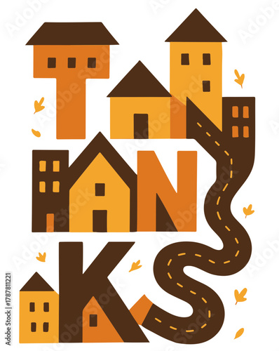 city forming the word THANKS, cars replaced by fireflies or leaves,  Thanksgiving vector illustration