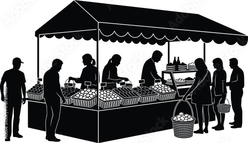 People buying fruits and vegetables at outdoor market stall, farmers market silhouette illustration, fresh produce shopping scene in black and white vector design