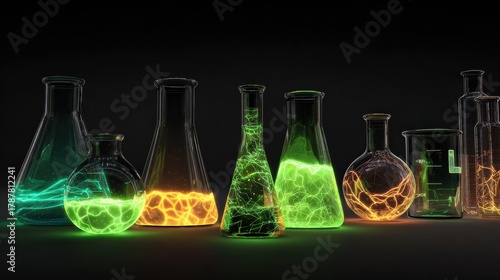 Brightly Colored Lab Glassware With Glowing Fluids Showcasing Scientific Innovation at a Modern Research Facility