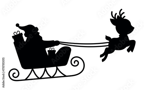 Silhouette illustration of Santa riding in a sleigh pulled by a reindeer, carrying gifts, festive Christmas holiday graphic for seasonal greeting cards, prints, decor and celebration projects