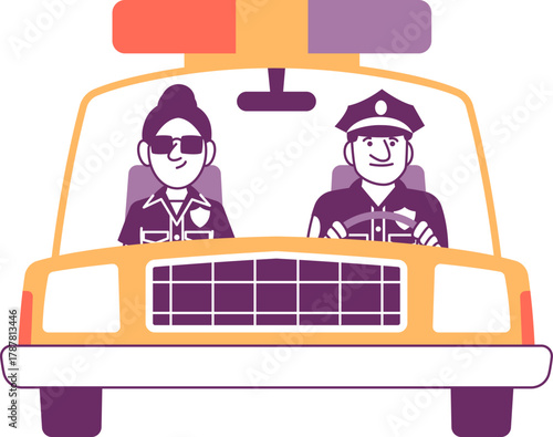 Two police officers in patrol car, flat vector illustration