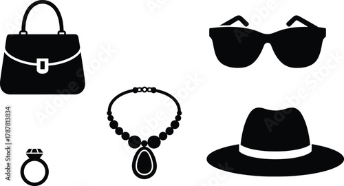 Fashion accessories silhouette vector illustration showing handbag, sunglasses, hat, necklace, and diamond ring, modern minimal style for boutique branding and stylish product collection.
