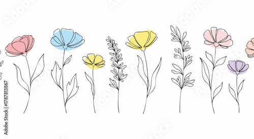 Minimalist line art flowers with soft pastel color fills. Delicate floral design on white background, perfect for spring and summer themes