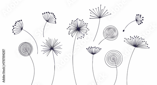 Minimalist vector illustration of abstract flowers and swirling organic elements. Dark blue line art doodle style on a white background