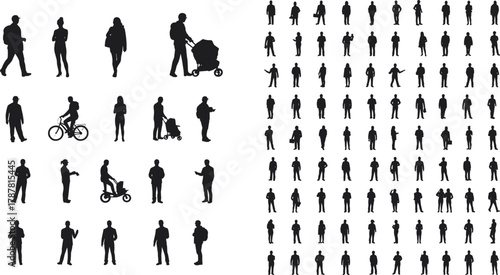 People silhouettes collection, walking, standing, cycling, pushing stroller, vector crowd illustration, urban lifestyle design, diverse human poses, modern city activity, black silhouette figures