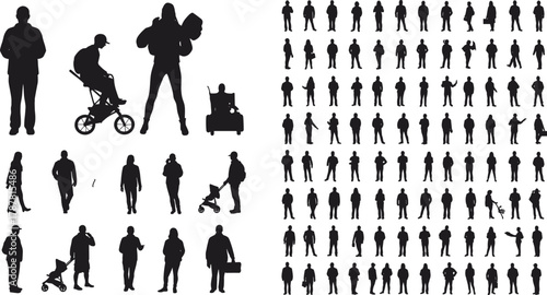 People silhouettes collection, walking and standing poses, family with stroller, modern crowd illustration, vector human figures, urban lifestyle, diverse city characters