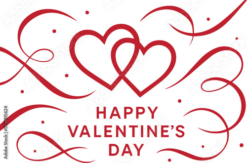 Valentine's Day Vector Illustration with Interlocking Hearts, Elegant Red Swirls, and "Happy Valentine's Day" Text on White Background