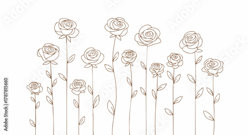 Simple line art drawing of multiple stylized roses blooming on tall stems in a minimalist garden design