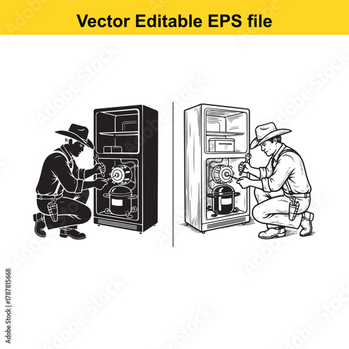 Two stylized illustrations of a cowboy working on a refrigerator, one in silhouette and one in line art